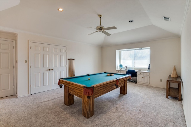 game room with visible vents, light carpet, ornamental molding, recessed lighting, and vaulted ceiling