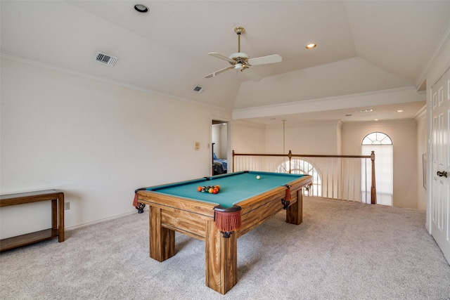 game room with visible vents, crown molding, lofted ceiling, and carpet floors