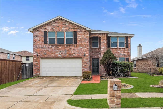 traditional-style home with a front lawn, concrete driveway, fence, and brick siding