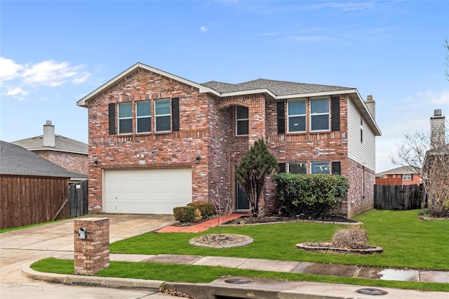 traditional-style house featuring brick siding, concrete driveway, a front yard, and fence