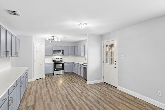 kitchen featuring gray cabinets, appliances with stainless steel finishes, light wood-style flooring, and a sink