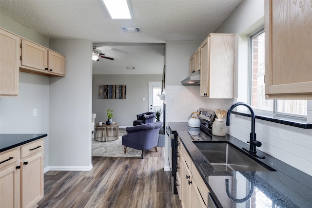 kitchen featuring visible vents, light brown cabinets, under cabinet range hood, stainless steel electric range, and a sink