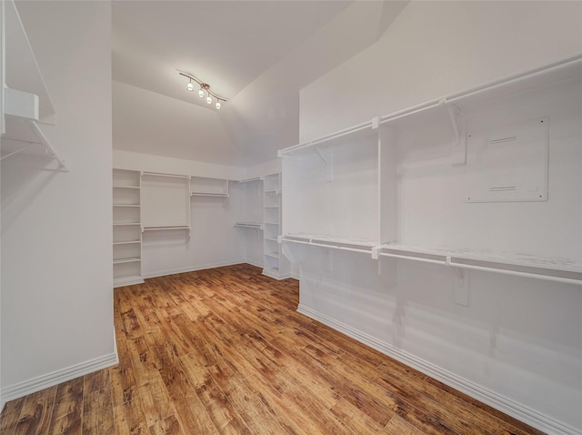 walk in closet featuring lofted ceiling and wood finished floors