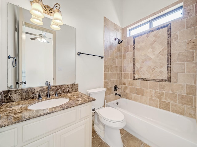 bathroom featuring vanity, ceiling fan, tile patterned flooring, shower / tub combination, and toilet