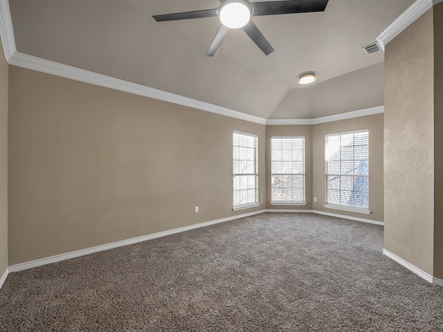 spare room featuring visible vents, baseboards, carpet, and ornamental molding