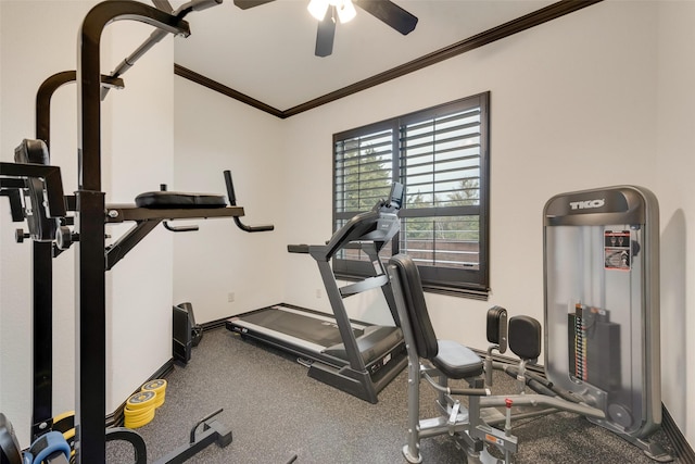 workout room featuring baseboards, crown molding, and a ceiling fan