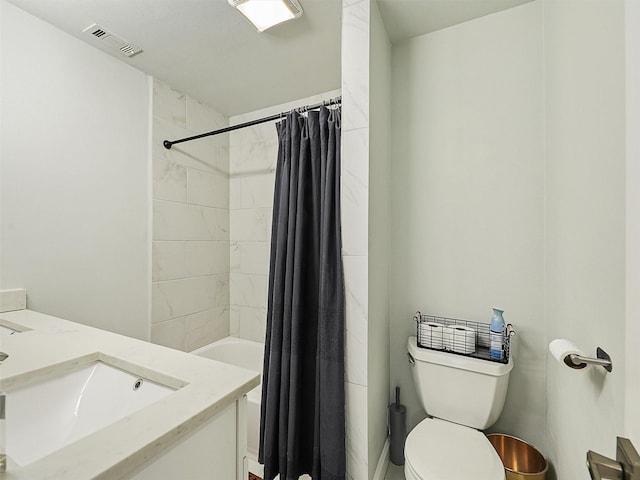 bathroom with visible vents, shower / bath combo with shower curtain, toilet, and vanity