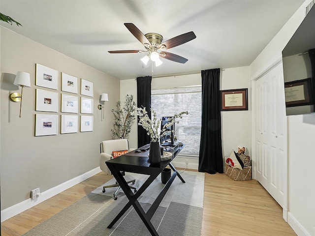 office featuring a ceiling fan, light wood-style floors, and baseboards