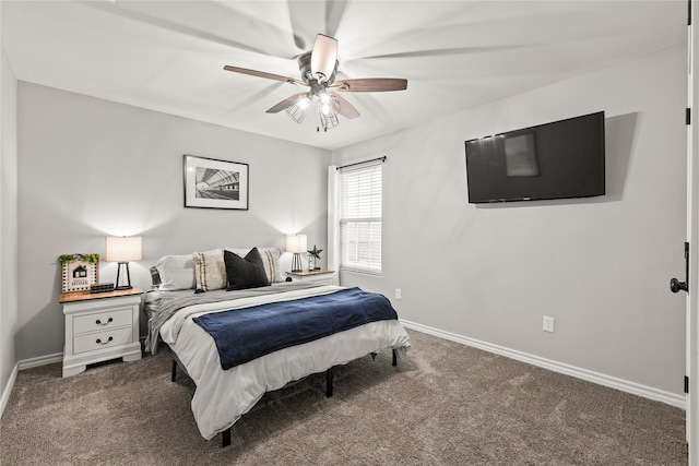 bedroom with baseboards, a ceiling fan, and carpet flooring