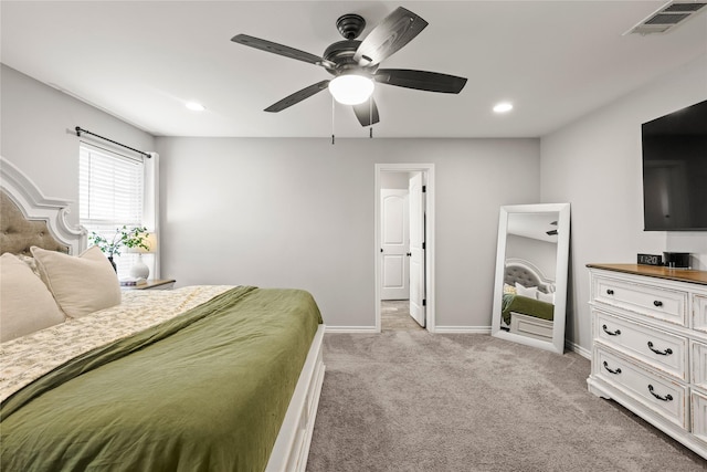 bedroom featuring visible vents, ceiling fan, baseboards, light carpet, and recessed lighting