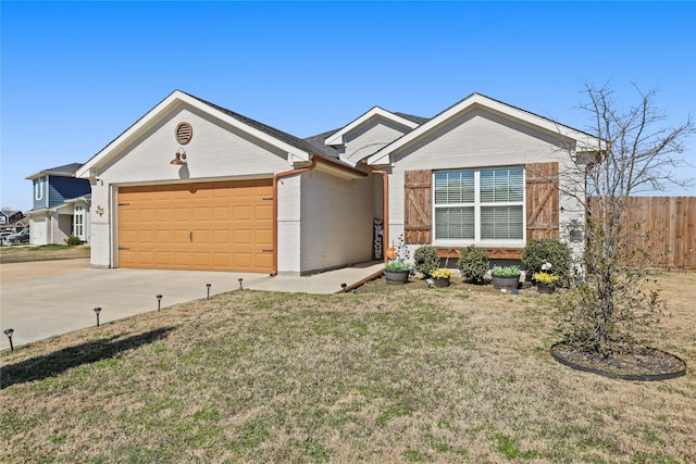 single story home with brick siding, a front lawn, fence, a garage, and driveway