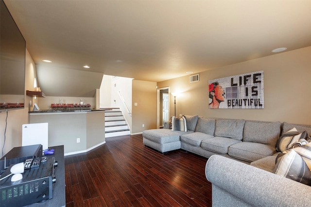 living room featuring visible vents, wood finished floors, recessed lighting, baseboards, and stairs