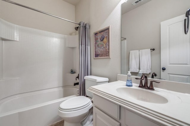 full bathroom with visible vents, toilet, vanity, and shower / bath combination with curtain