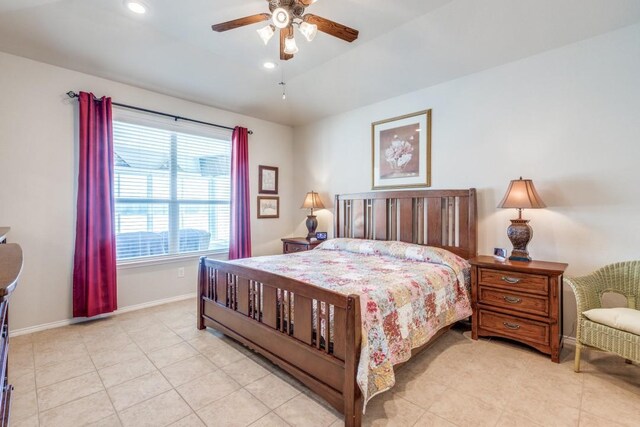 bedroom featuring recessed lighting, baseboards, a ceiling fan, and light tile patterned floors