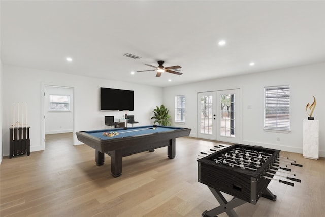 recreation room featuring visible vents, light wood-style flooring, recessed lighting, pool table, and french doors