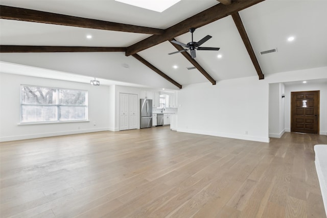 unfurnished living room with a ceiling fan, visible vents, baseboards, light wood-style flooring, and beamed ceiling