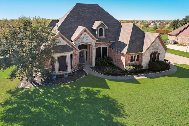 french country style house with brick siding, stone siding, a shingled roof, and a front lawn