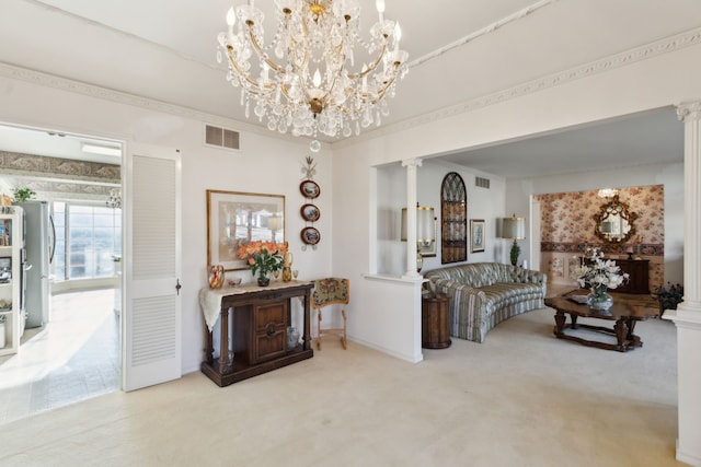 bedroom with freestanding refrigerator, carpet flooring, visible vents, and ornate columns