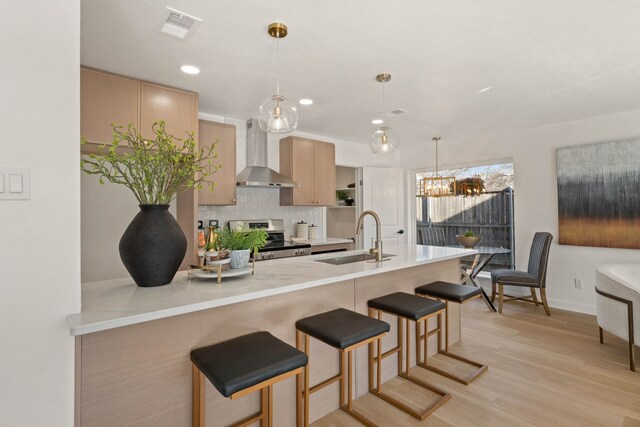 kitchen with tasteful backsplash, visible vents, wall chimney range hood, electric stove, and a sink