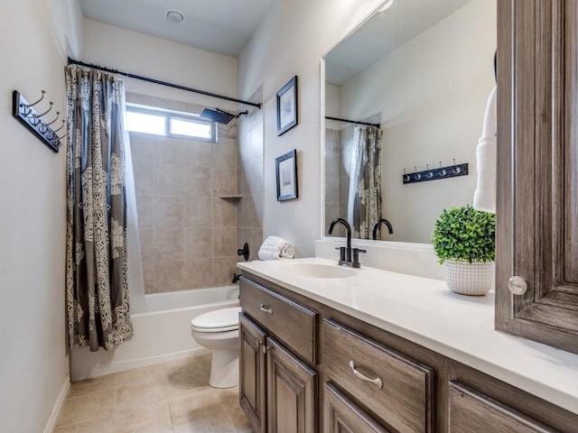 bathroom featuring tile patterned flooring, toilet, vanity, and shower / bathtub combination with curtain