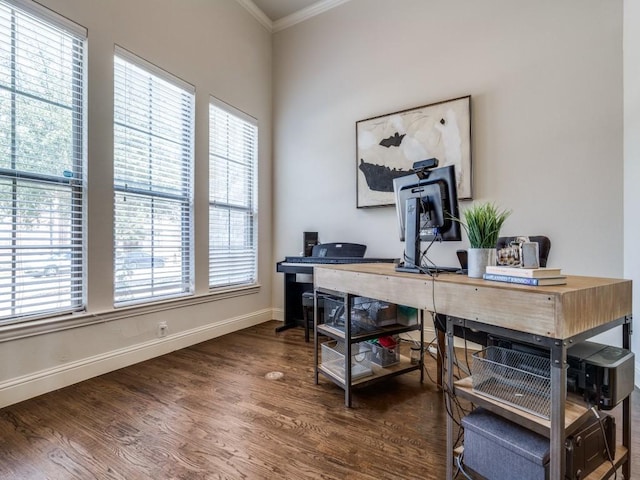 office with baseboards, wood finished floors, and ornamental molding