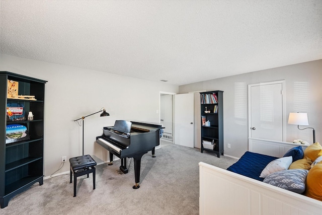 sitting room with light colored carpet and a textured ceiling