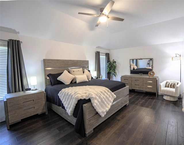 1525 Wagon Wheel Way, Krum, TX 76249 - bedroom with dark wood-style flooring, lofted ceiling, and ceiling fan