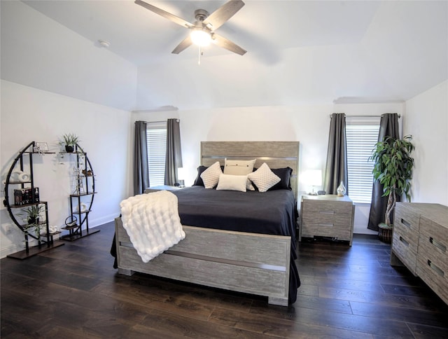 1525 Wagon Wheel Way, Krum, TX 76249 - bedroom featuring lofted ceiling, dark wood-type flooring, a ceiling fan, and baseboards