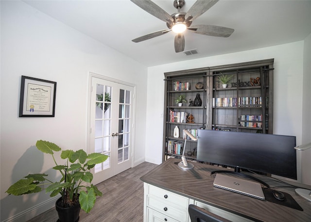 1525 Wagon Wheel Way, Krum, TX 76249 - office with dark wood-style floors, french doors, baseboards, and ceiling fan