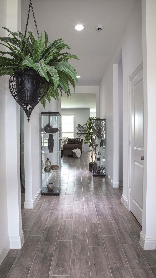 1525 Wagon Wheel Way, Krum, TX 76249 - corridor featuring dark wood-style floors, baseboards, and recessed lighting