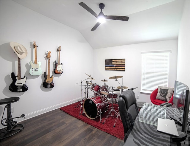 1525 Wagon Wheel Way, Krum, TX 76249 - rec room featuring dark wood finished floors, vaulted ceiling, ceiling fan, baseboards, and an office area