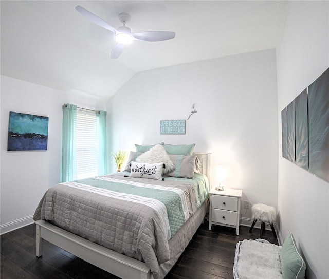 1525 Wagon Wheel Way, Krum, TX 76249 - bedroom with dark wood-style flooring, lofted ceiling, a ceiling fan, and baseboards