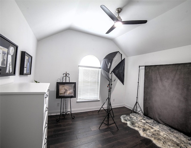 1525 Wagon Wheel Way, Krum, TX 76249 - interior space featuring a ceiling fan, lofted ceiling, dark wood-style flooring, and baseboards