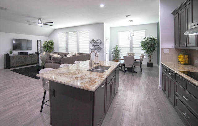 1525 Wagon Wheel Way, Krum, TX 76249 - kitchen featuring a sink, a breakfast bar area, healthy amount of natural light, wood finished floors, and vaulted ceiling