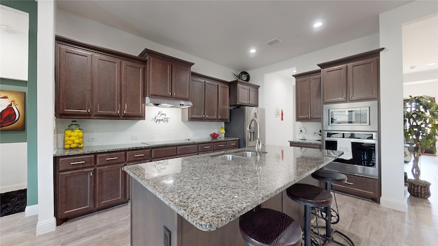 kitchen with visible vents, under cabinet range hood, a breakfast bar, stainless steel appliances, and a sink