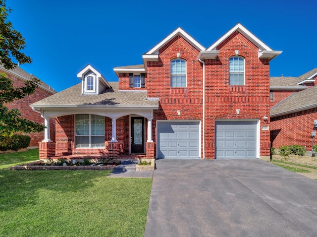 traditional-style house featuring brick siding, a garage, aphalt driveway, and a front lawn