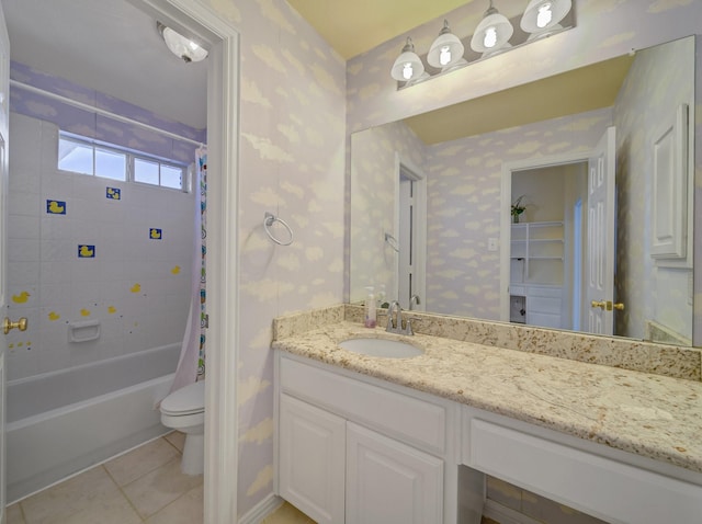 full bath featuring wallpapered walls, tile patterned floors, toilet, and vanity