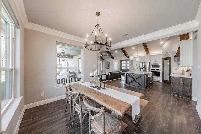 dining room featuring visible vents, crown molding, dark wood-type flooring, and baseboards