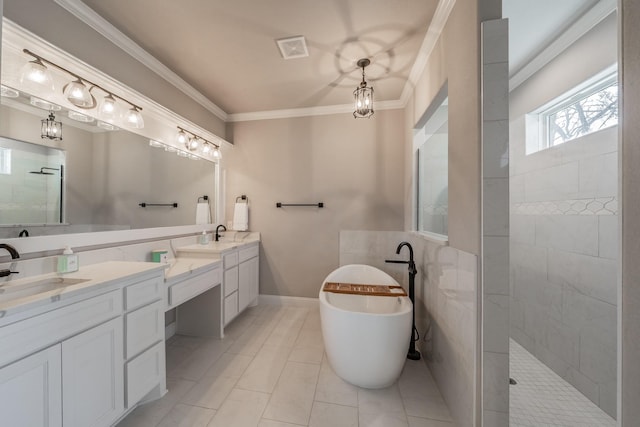 full bath featuring double vanity, visible vents, crown molding, and a sink