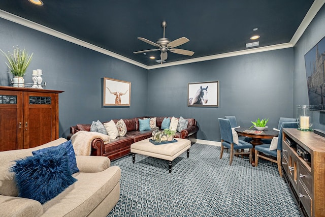 carpeted living room featuring visible vents, a ceiling fan, recessed lighting, crown molding, and baseboards