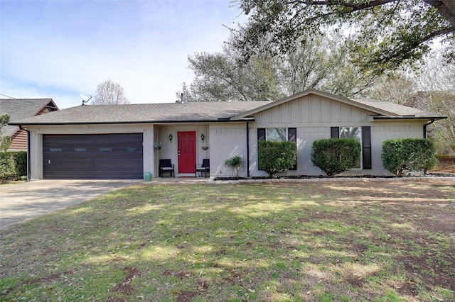 ranch-style home featuring driveway, brick siding, a front lawn, a garage, and board and batten siding