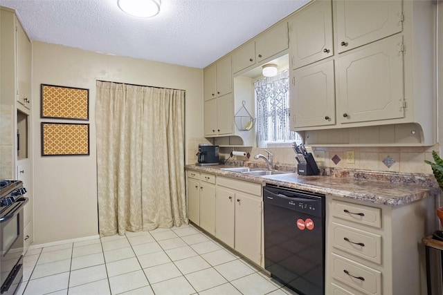 kitchen featuring a textured ceiling, black appliances, light tile patterned floors, and a sink