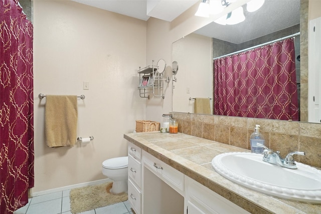 full bathroom with tile patterned flooring, backsplash, toilet, a shower with curtain, and vanity