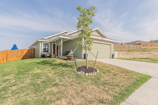 view of front facade featuring a garage, concrete driveway, a front yard, and fence