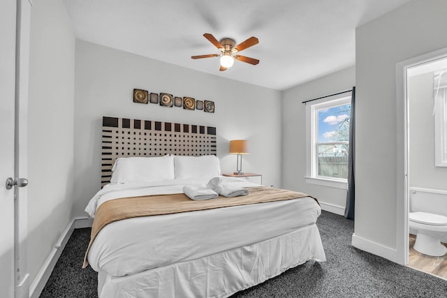 bedroom with baseboards, a ceiling fan, and dark carpet