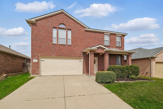 traditional home featuring a front lawn, brick siding, concrete driveway, and an attached garage