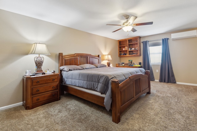 bedroom featuring baseboards, light colored carpet, an AC wall unit, and ceiling fan