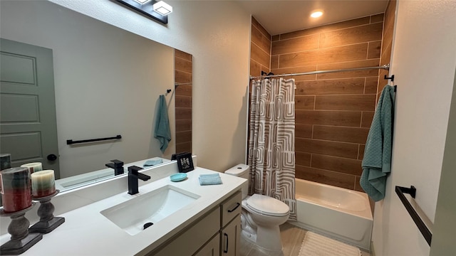 full bathroom with vanity, toilet, and shower / bathtub combination with curtain