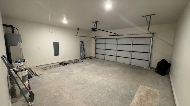 garage featuring electric panel, water heater, a garage door opener, and baseboards