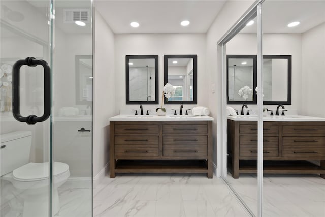 full bath with visible vents, baseboards, toilet, marble finish floor, and vanity